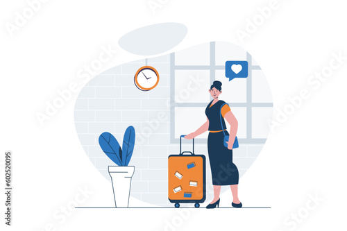 Travelling web concept with character scene. Woman traveler with suitcase preparing for trip on vacation. People situation in flat design. Vector illustration for social media marketing material.