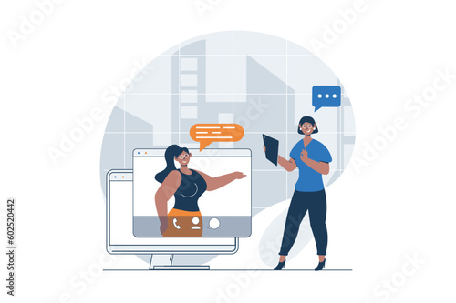 Video conference web concept with character scene. Women talking and discussing tasks via virtual video chat. People situation in flat design. Vector illustration for social media marketing material.