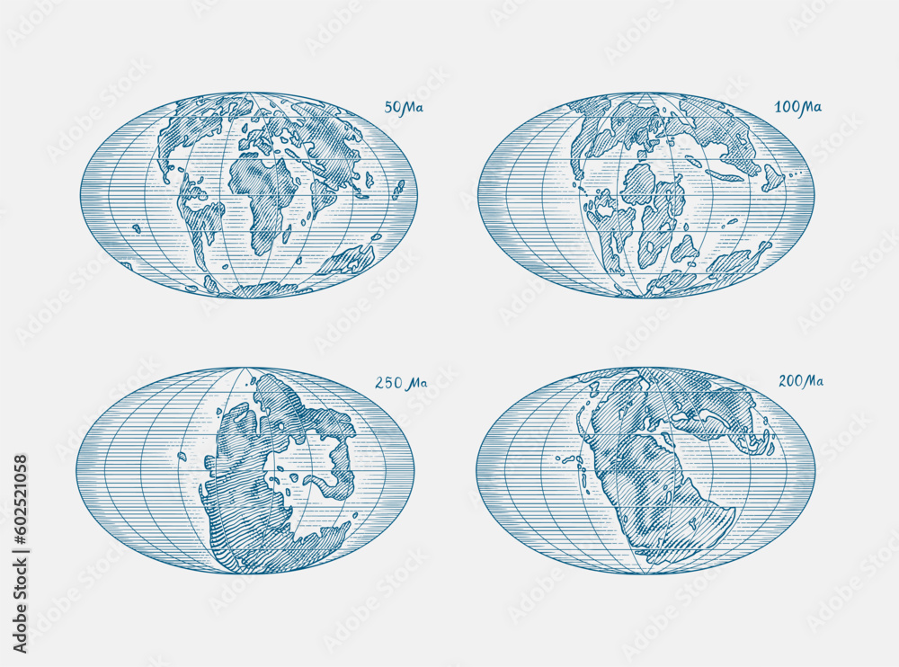Plate tectonics on the planet Earth. Pangaea. Continental drift. Supercontinent at 250 Ma. Era of the dinosaurs. Jurassic period. Mesozoic. Hand drawn sketch for typography. Vintage engraving style. - obrazy, fototapety, plakaty 