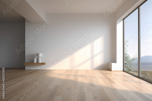 Creative interior concept. Abstract white light room and oak wooden flooring with interesting light shadow from window. Template for product presentation. Mock up 3D rendering 