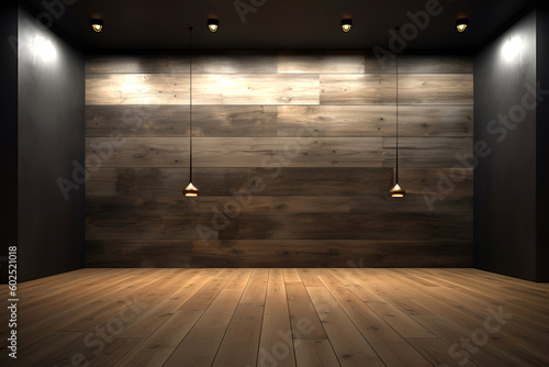 Creative interior concept. Abstract Dark room and oak wooden flooring with interesting light shadow. Template for product presentation. Mock up 3D rendering 