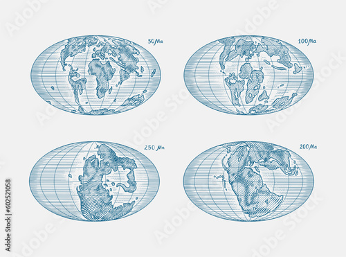 Plate tectonics on the planet Earth. Pangaea. Continental drift. Supercontinent at 250 Ma. Era of the dinosaurs. Jurassic period. Mesozoic. Hand drawn sketch for typography. Vintage engraving style.