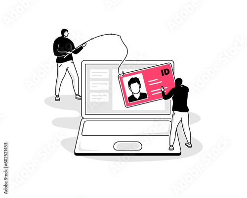 Illustration of identity fraud symbol with two hackers stealing someone personal information from his computer.