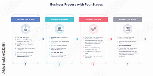 Business process infographic with four colorful stages. Flat presentation template with minimalistic icons and place for your content.