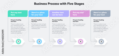 Modern business process diagram with five stages. Flat infographic with five arrows and place for your text.