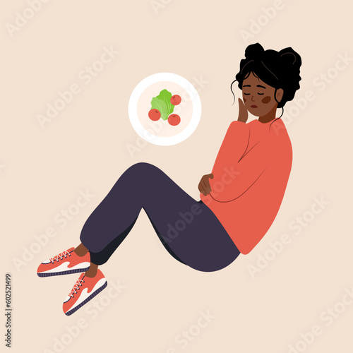 Eating disorder. Depressed african woman is lying on floor and feeling nausea from food. Bulimia or anorexia concept. Girl with mental problems. Vector illustration in flat cartoon style.