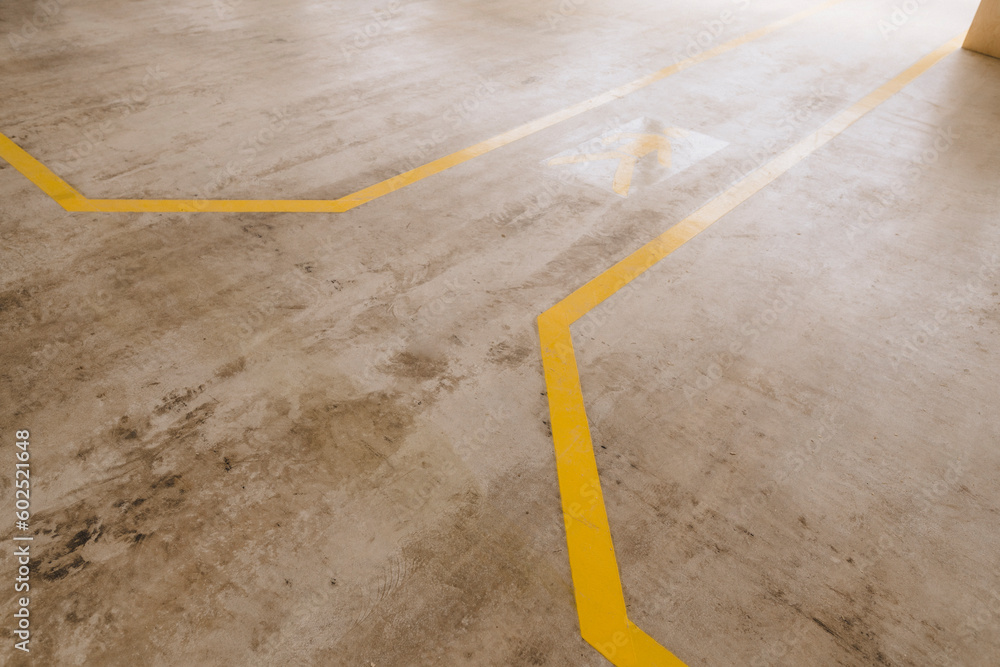 Yellow marking on floor of carpentry factory Yellow marking on floor of carpentry factory