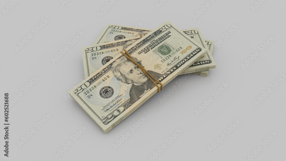 Three bundles of Twenty Dollar Bills. Prosperity concept with Banknotes on White Surface. Three bundles of Twenty Dollar Bills. Prosperity concept with Banknotes on White Surface.
