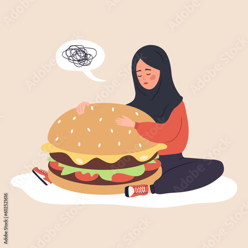 Eating disorder. Sad arabian woman hugging huge hamburger and worries about being overweight. Overeating, bulimia, anorexia. Food addiction concept. Vector illustration in flat cartoon style.