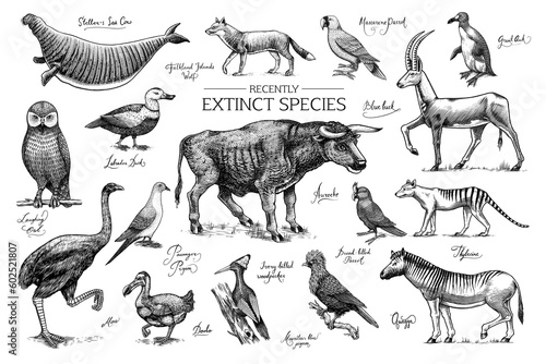 Extinct species. Wild mammal animals and birds. Dodo, Moa, Tasmanian wolf, Quagga. Aurochs. Blue antelope. Hand drawn vector engraved sketch. Graphic vintage style. 