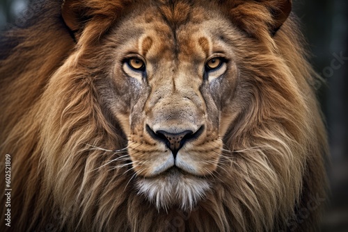 Close-up photo of a lion s face  capturing the intensity in its eyes. Generative AI