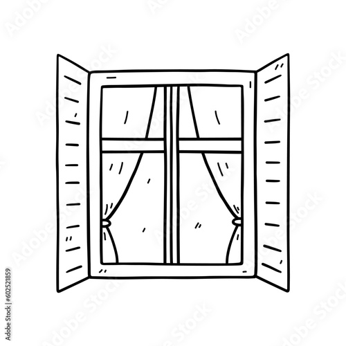 Window with open shutters isolated on white background. Vector hand-drawn doodle illustration. Perfect for decorations, logo, various designs.