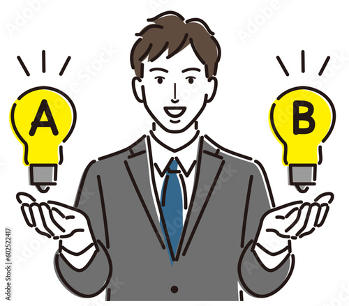 アイデアの提示　男性　会社員　ビジネスマン　電球　A案B案の二択