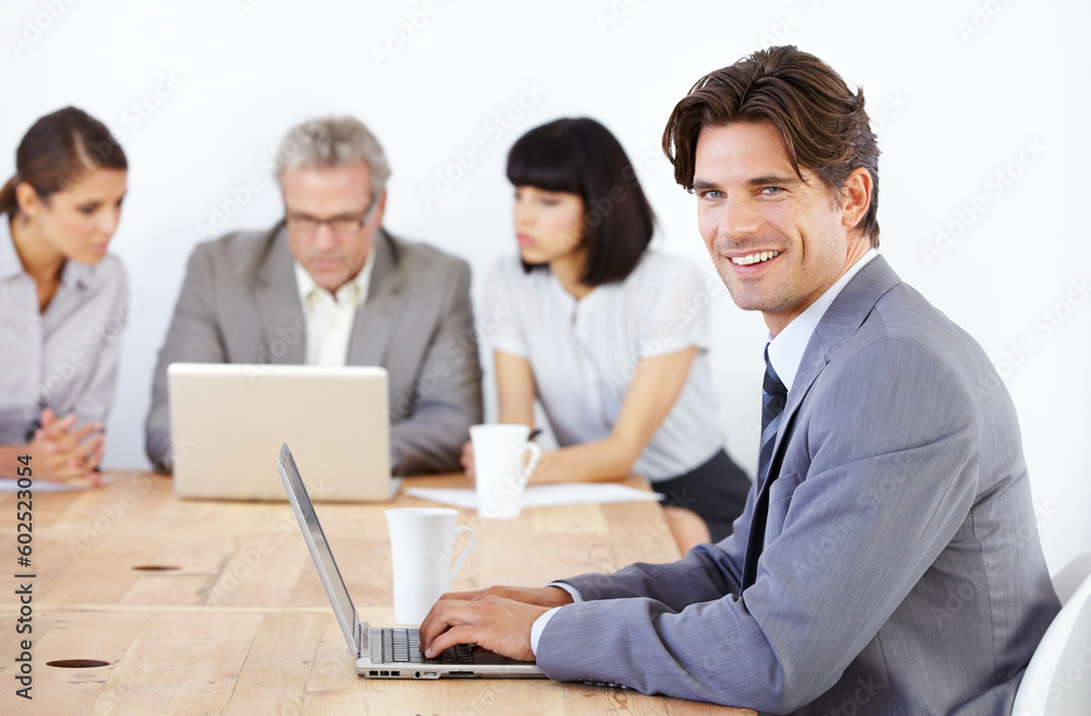 Business man in portrait, typing on laptop in meeting and corporate leader in conference room. Leadership, male person with smile and planning with technology in workplace, confidence and pride Business man in portrait, typing on laptop in meeting and corporate leader in conference room. Leadership, male person with smile and planning with technology in workplace, confidence and pride