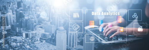 Working Data Analytics and Data Management Systems and Metrics connected to corporate strategy database for Finance, Intelligence, Business Analytics with Key Performance Indicators, social network