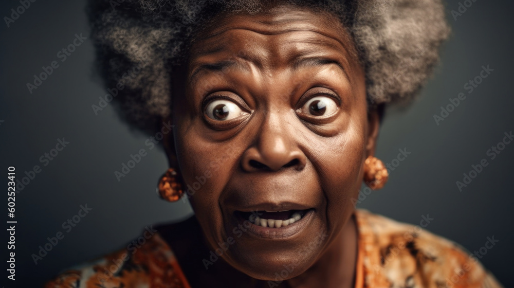 An African elderly woman's amazed reaction reveals a world of emotion. Generative AI