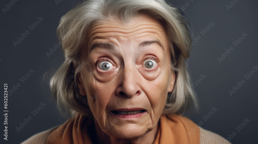 A closeup portrait of a Caucasian senior woman, caught in a moment of delightful surprise. Generative AI