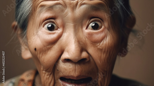 A portrait of an Asian senior woman had a surprised expression. Generative AI