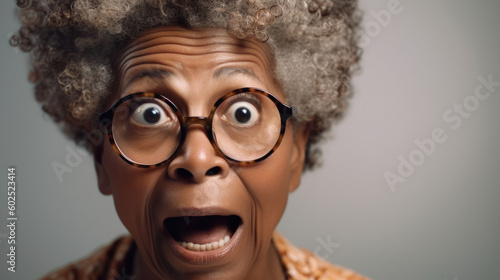 An elderly afro woman in eyeglasses displays a dramatic look of amazement. Generative AI