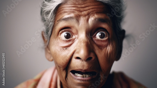 An amazed Indian senior woman expresses dramatic surprise. Generative AI © iuricazac