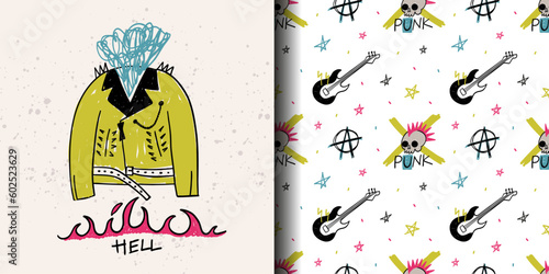 Punk seamless pattern. Hand drawn rock music elements. Leather jacket and guitar. Skull with mohawk and anarchy symbol. Decor textile, wrapping paper, wallpaper print. Cartoon vector background