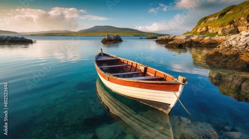 Stunning coastal landscape with a serene shot of a boat in a calm bay. Generative AI