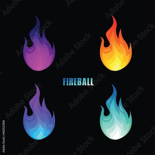 Set of 4 different colored fire balls falling from the sky. can be used to show soul, energy, power, or campfire. Png fire stickers can be printed and used as a decor or as sub badges for gaming