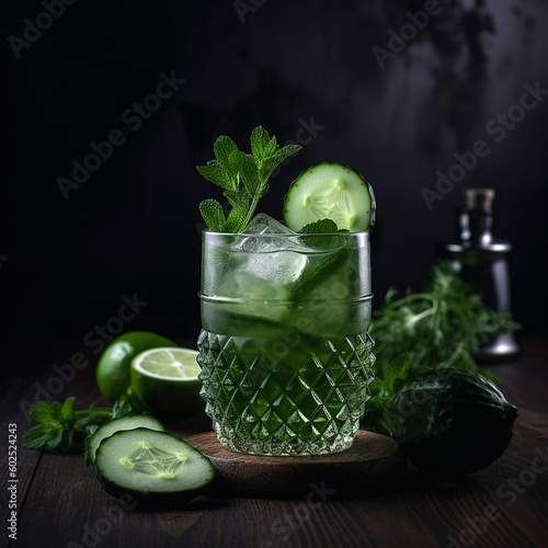 A glass of cucumber and ice sits on a wooden table with a bottle of alcohol behind it. Ai generated photo