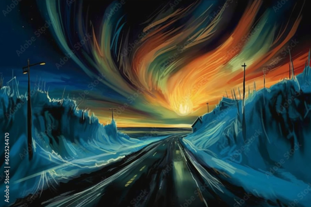 Illuminated Icelandic Night: A Captivating Journey through a Comic-Style Landscape, Guided by Glowing Northern Lights