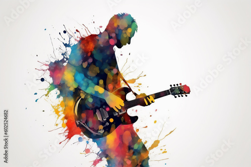 Electric guitar player with a rainbow paint splashing on it on a white background. Stylish creative colors. Generative AI.
