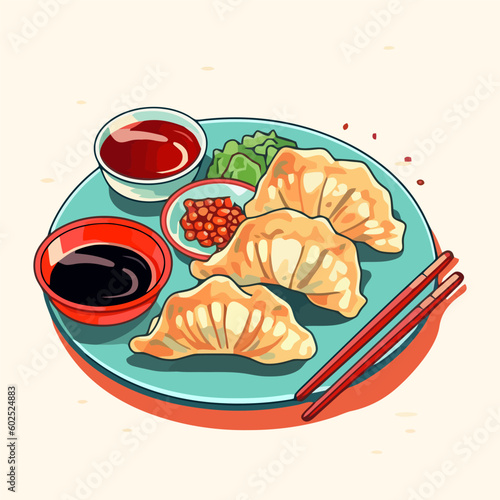 gyoza japanese traditional food, asian dumpling poster illustration