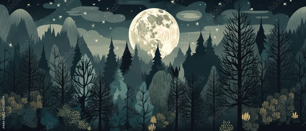a full moon with forest and star, night time forest, wallpaper vector ...