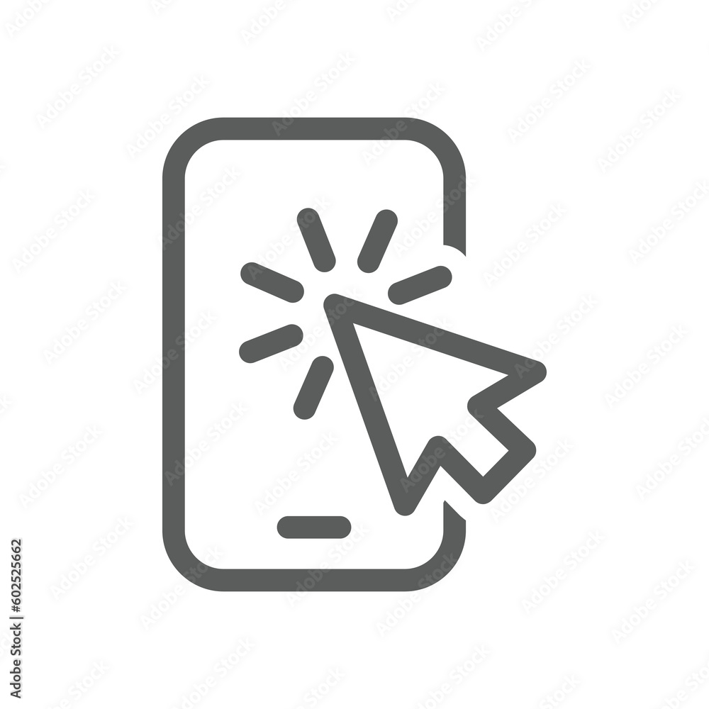 Smartphone screen and mouse arrow click. Phone and pointer line vector icon. Smartphone screen and mouse arrow click. Phone and pointer line vector icon.
