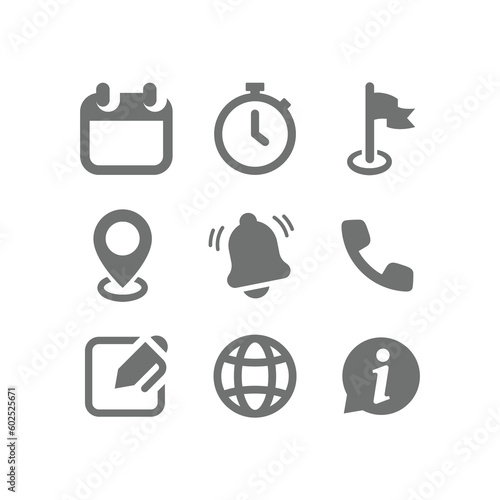 Web interface fill vector icon set. Calendar, date, time and contact us icons.