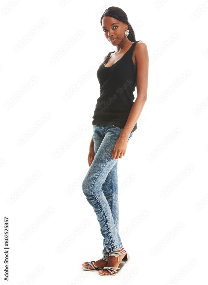 Mockup, fashion and isolated with portrait of black woman on white background for confident, cute and positive. Style, modern and elegant with girl model in studio for natural, casual and trendy Mockup, fashion and isolated with portrait of black woman on white background for confident, cute and positive. Style, modern and elegant with girl model in studio for natural, casual and trendy