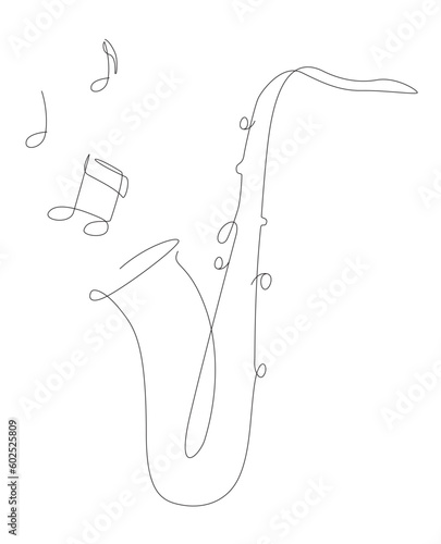 One line sax illustration with notes. Jazz music band instrument line art. Saxophone logo icons vector design