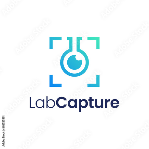 Modern logo combination of photo frame and test tube. It is suitable for use as a monitoring lab logo.