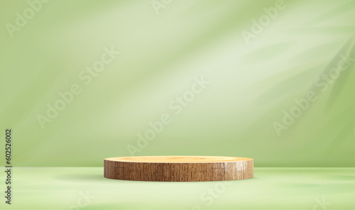 Wood stage podium on green background. Green abstract nature studio with wooden stage display platform and shadows leaves. 3d summer scene for product presentation. Realistic vector illustration
