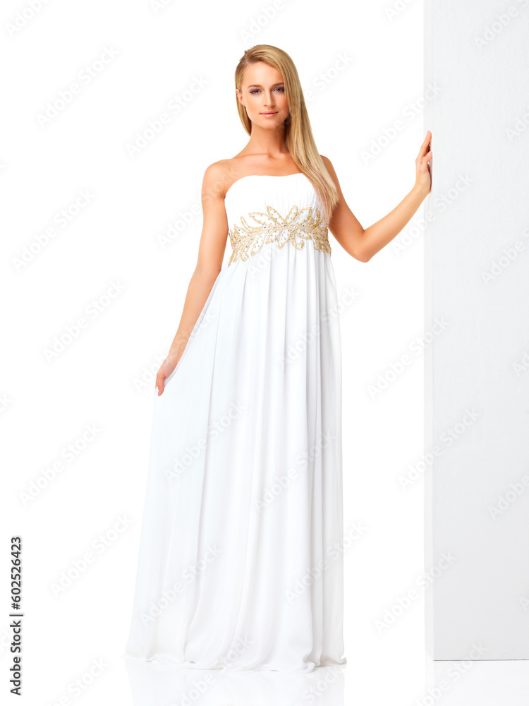 Fototapeta premium Fashion, beauty and portrait of woman in prom dress for party, celebration or formal with mockup. Couture, designer or luxury with girl in evening gown isolated on white background for elegant style