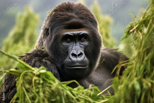 Big strong gorilla in nature looking straight. Generative AI © Andreas
