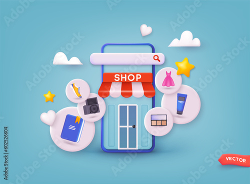 Online shopping on application and website concept, digital marketing online, shopping cart with new items on smartphone screen. 3D Web Vector Illustrations.