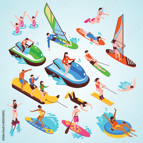 isometric set summer water active recreation so as banana boat surfing windsurfing jet skiing flyboarding isolated