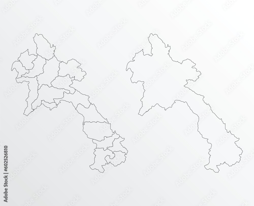Black Outline vector Map of Laos with regions on white background
