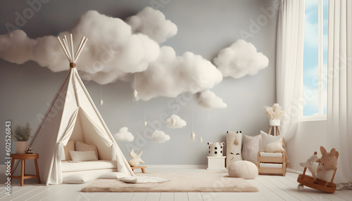 Interior of child room with the clouds. Generative AI photo