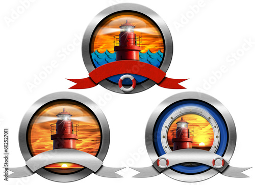 Fototapeta Naklejka Na Ścianę i Meble -  Three round metal symbols or icons with a red lighthouse with light beam at sunset and empty ribbon with copy space. Isolated on white or transparent background. Png.