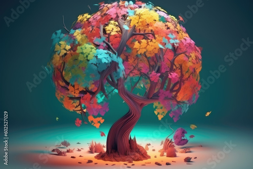 Colorful tree with colorful leaves. 3d wallpaper with abstraction for wall decor in the interior. Generative AI