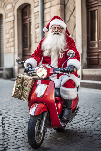 A cute smiling Santa Claus is riding an scooter to delivering presents. He is dressed in his traditional red and white outfit - ai generative