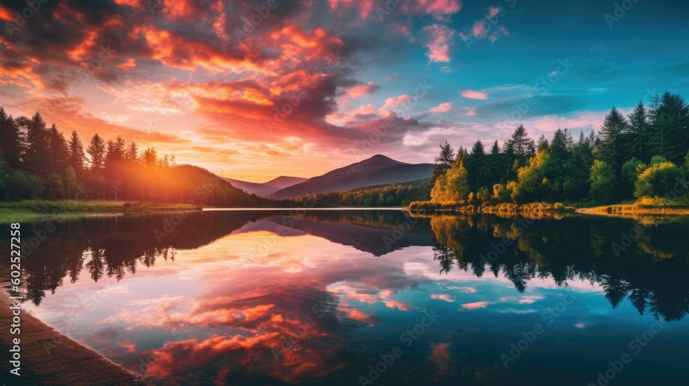 A stunning sunset over a picturesque landscape, with majestic mountains towering in the distance, a serene lake reflecting the vibrant sky, and lush green forests surrounding the area. Generative AI