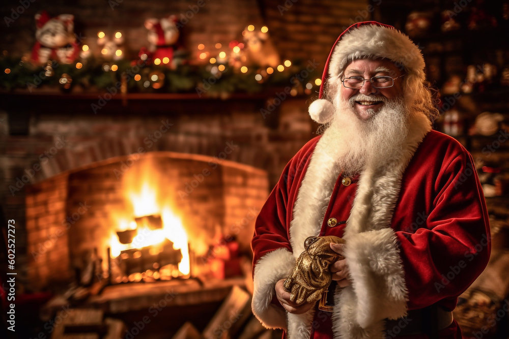 A smiling chubby Santa Claus with a white beard is standing in front of a burning fireplace, he have a happy and joyful looking - ai generative A smiling chubby Santa Claus with a white beard is standing in front of a burning fireplace, he have a happy and joyful looking - ai generative