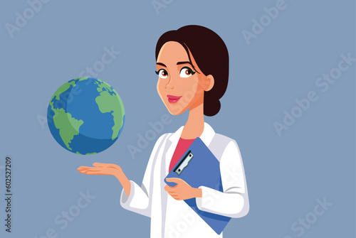 Smiling Scientist Presenting Earth Saving Strategy Vector Cartoon Illustration. Researcher protecting the planet from climatic disaster 
